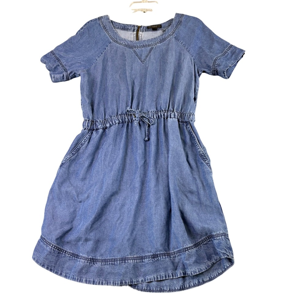 J. Crew Womens S Blue Denim Tencel Dress Short Sleeve Drawstring Waist Retro‎